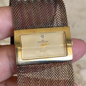 Anne Klein Wide Mesh Band Gold Tone Diamond Stainless Steel Watch